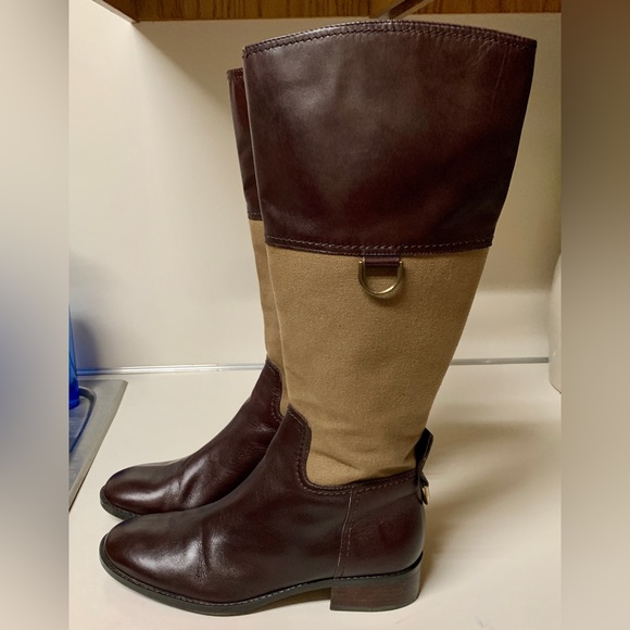 Women’s 6.5 M ETIENNE AIGNER Leather Canvas Plaid Lined Side Zip Riding Boots - Picture 6 of 16